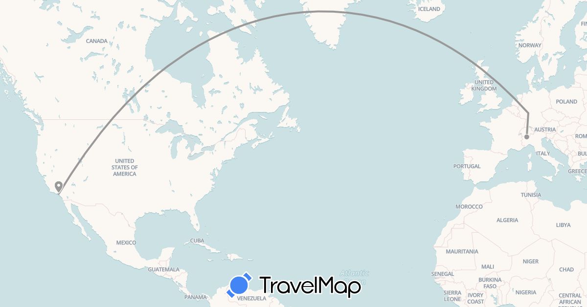 TravelMap itinerary: driving, plane in Germany, Italy, United States (Europe, North America)